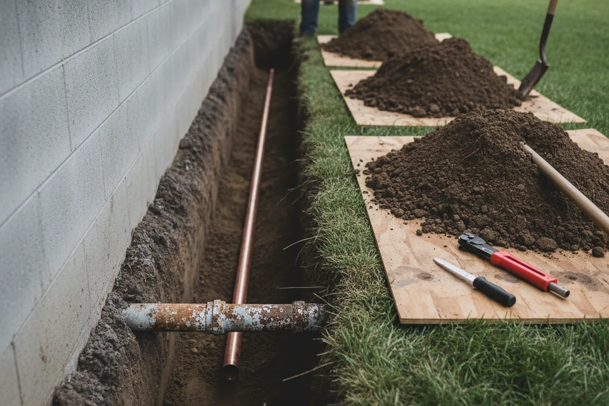 Excavated water line trench during Sewer Line Repair in Cecil